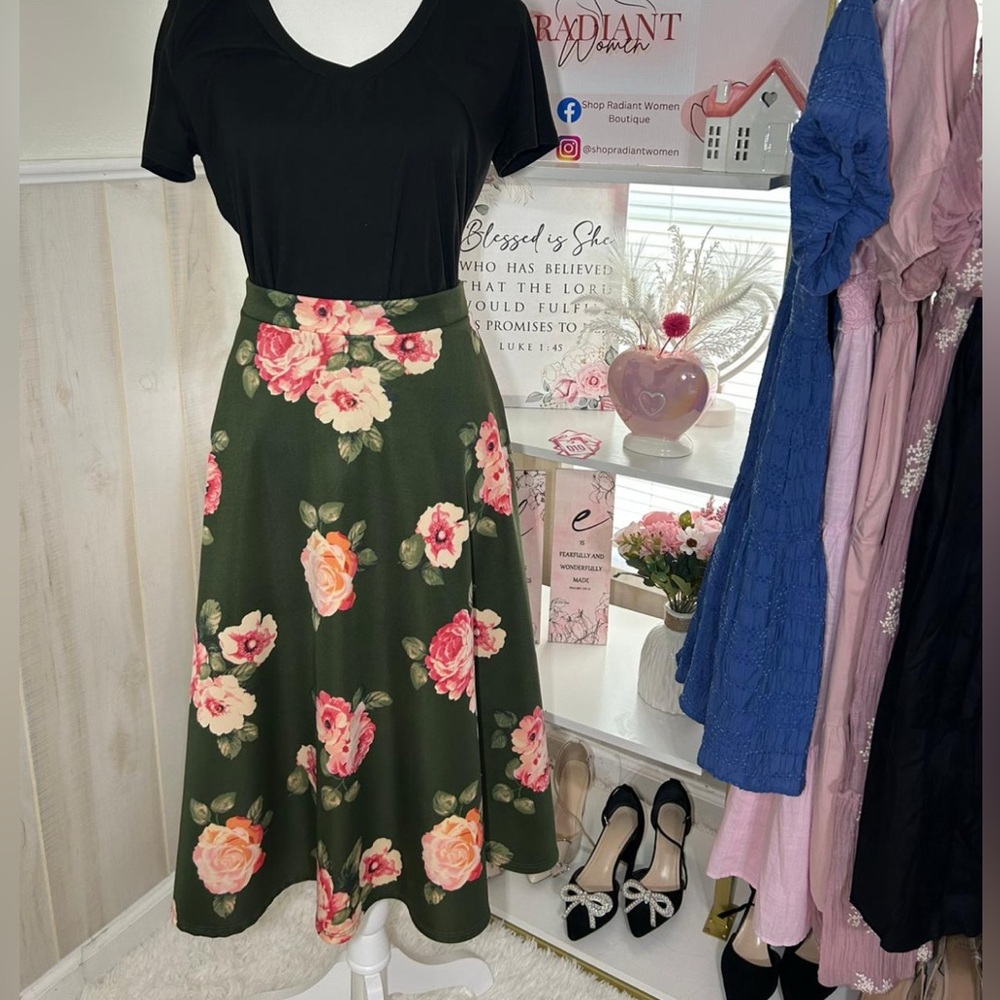 Floral Green Skirt with Black Top